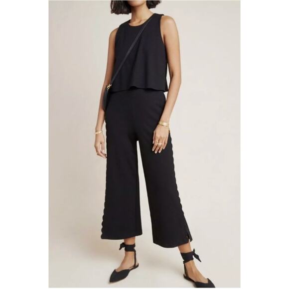 Anthropologie Freya Black Sleeveless Stretch Scallop Jumpsuit Outfit Size 14P - Picture 1 of 7